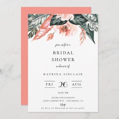 Modern Tropics Coral Floral Bridal Shower Invitations