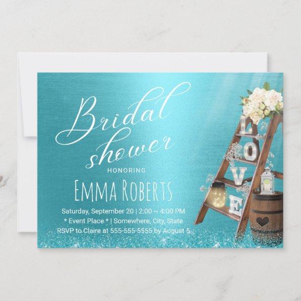 Modern Turquoise Love Wood Ladder Bridal Shower Invitations