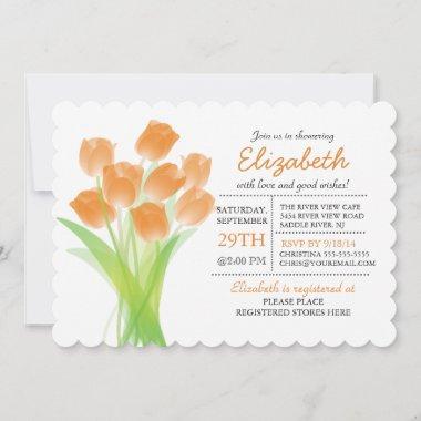 Modern Typographic Orange Tulip Bridal Shower Invitations