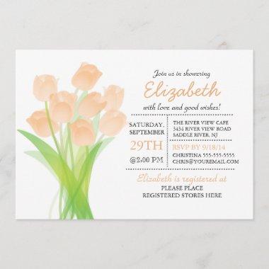 Modern Typographic Peach Tulip Bridal Shower Invitations
