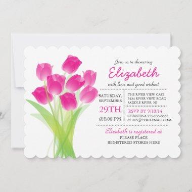 Modern typographic Pink Tulip Bridal Shower Invitations