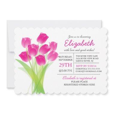 Modern typographic Pink Tulip Bridal Shower Invitations