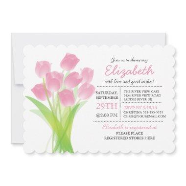 Modern Typographic Pink Tulip Bridal Shower Invitations