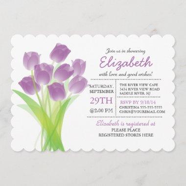Modern typographic Purple Tulip Bridal Shower Invitations