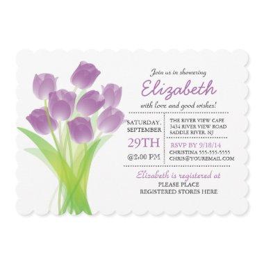 Modern typographic Purple Tulip Bridal Shower Invitations