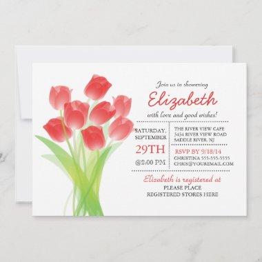 Modern Typographic Red Tulip Bridal Shower Invitations