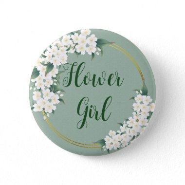 Modern Vintage Floral White on Green Flower Girl Button