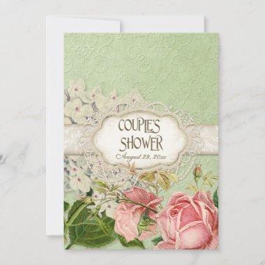 Modern Vintage Lace Tea Stained Hydrangea n Roses Invitations