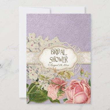 Modern Vintage Lace Tea Stained Hydrangea n Roses Invitations