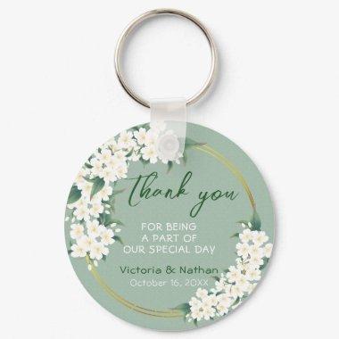 Modern Vintage White Green Floral Wedding Favor Keychain