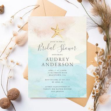 Modern Watercolor Beach Themed Bridal Shower Invitations
