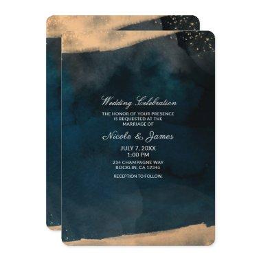 Modern Watercolor Blue & Peach Coral Chic Wedding Invitations