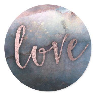 Modern Watercolor Blue & Rose Gold Pink LOVE Classic Round Sticker