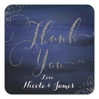 Modern Watercolor Blue Silver Confetti Thank You Square Sticker