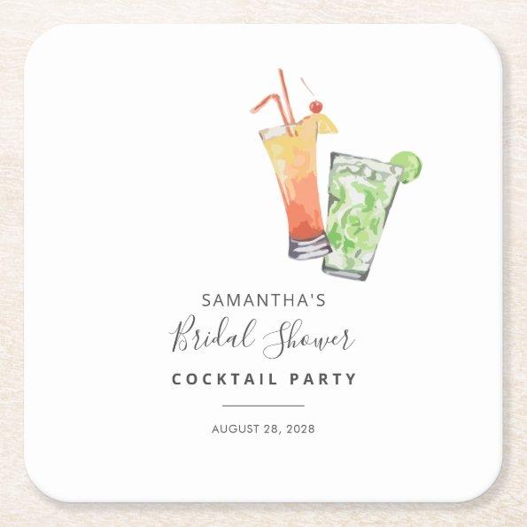Modern Watercolor Bridal Shower Cocktail Party Square Paper Coaster