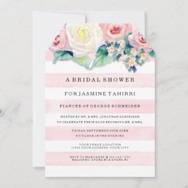 MODERN Watercolor Chic Wide Stripes w Roses Invitations