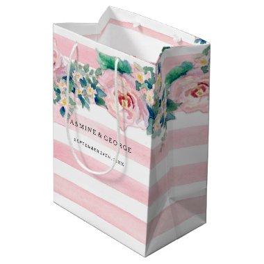 MODERN Watercolor Chic Wide Stripes w Roses Medium Gift Bag