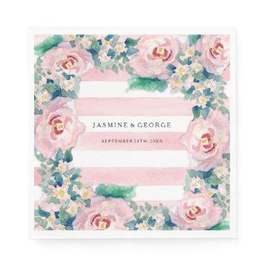 MODERN Watercolor Chic Wide Stripes w Roses Paper Napkins
