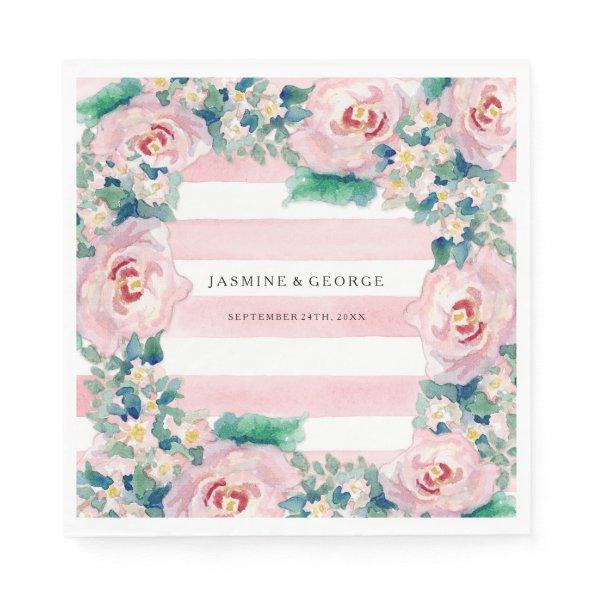 MODERN Watercolor Chic Wide Stripes w Roses Paper Napkins