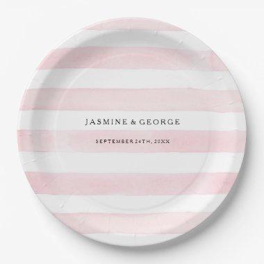 MODERN Watercolor Chic Wide Stripes w Roses Paper Plates