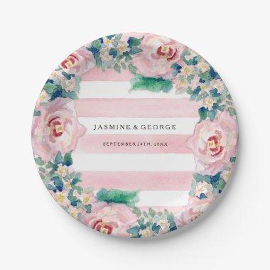 MODERN Watercolor Chic Wide Stripes w Roses Paper Plates