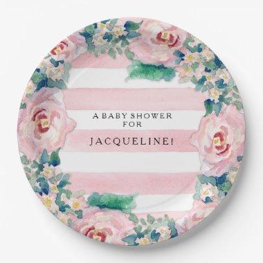 MODERN Watercolor Chic Wide Stripes w Roses Paper Plates