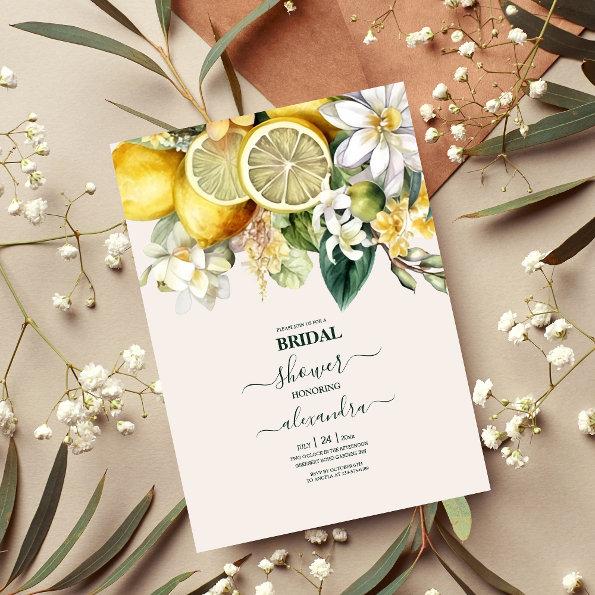 Modern Watercolor Citrus Lemon Bridal Invitations