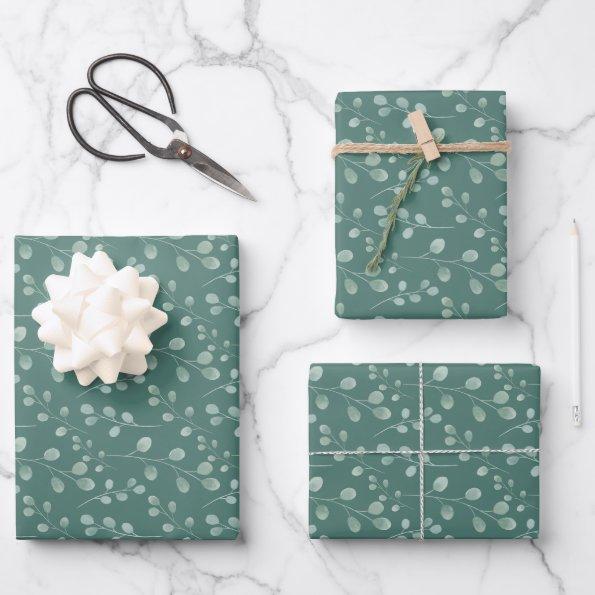 Modern Watercolor Eucalyptus Pattern Green Wrapping Paper Sheets