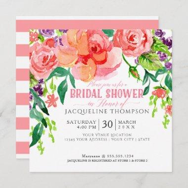 Modern Watercolor Floral Coral Pink Roses Lavender Invitations