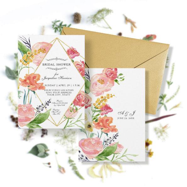Modern Watercolor Floral Geometric Gold Flowers Invitations