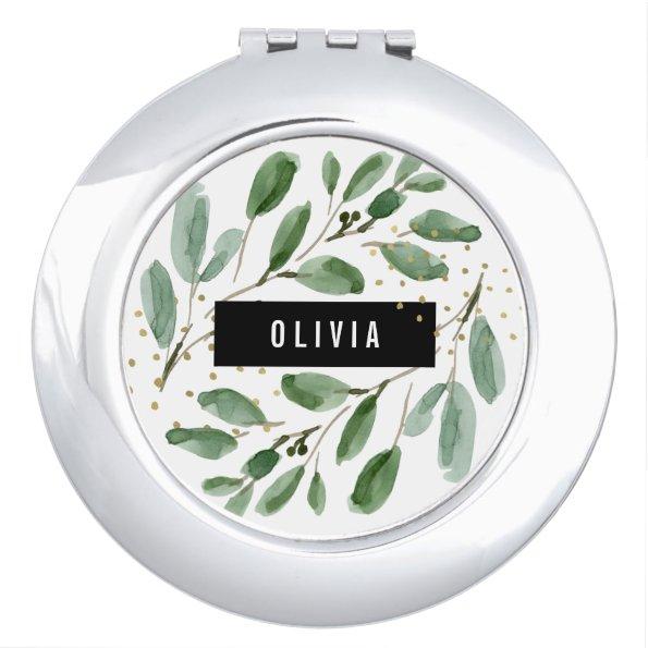 Modern Watercolor Greenery and Gold Compact Mirror