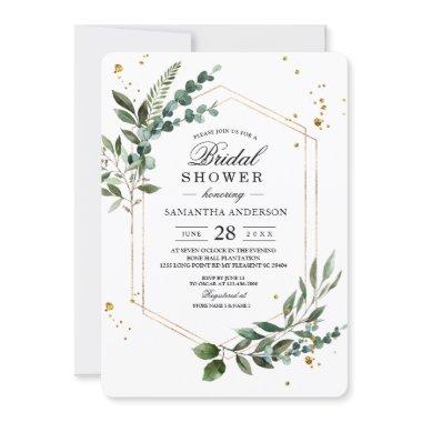 Modern Watercolor Greenery Eucalyptus Gold Frame Invitations