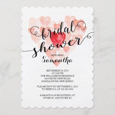 Modern Watercolor Hearts Bridal Shower Invitations
