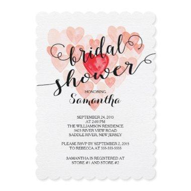 Modern Watercolor Hearts Bridal Shower Invitations