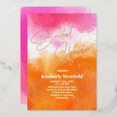 Modern Watercolor Hot Pink Orange Bridal Shower Foil Invitations