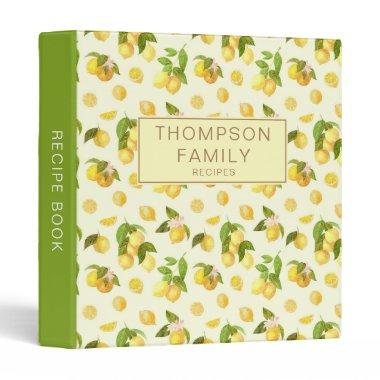 Modern Watercolor Lemon Pattern Family Recipe 3 Ring Binder