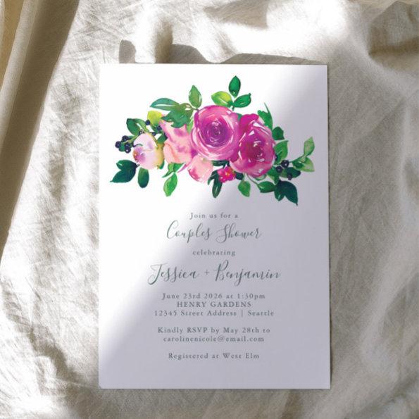 Modern Watercolor Magenta Floral Couples Shower Invitations