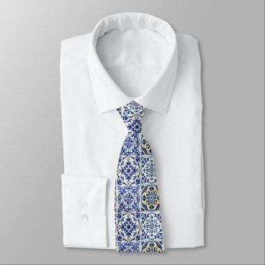 Modern Watercolor Mediterranean Blue Tiles Neck Tie