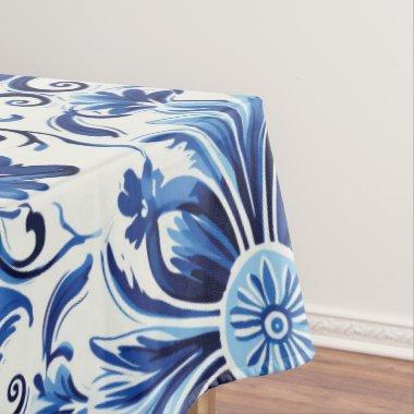 Modern Watercolor Mediterranean Blue Tiles Tablecloth