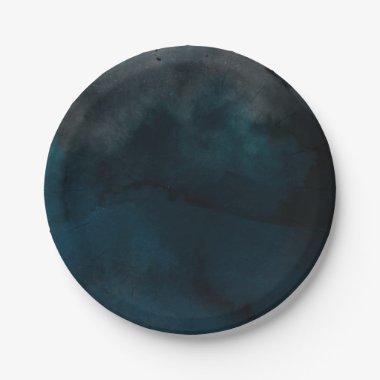 Modern Watercolor Moody Blue Chic Wedding Party Paper Plates