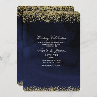 Modern Watercolor Moody Navy Blue & Gold Wedding Invitations