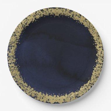 Modern Watercolor Moody Navy Blue & Gold Wedding Paper Plates