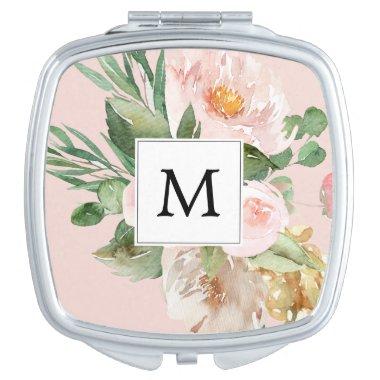 Modern Watercolor Pink Flowers Monogrammed Compact Mirror