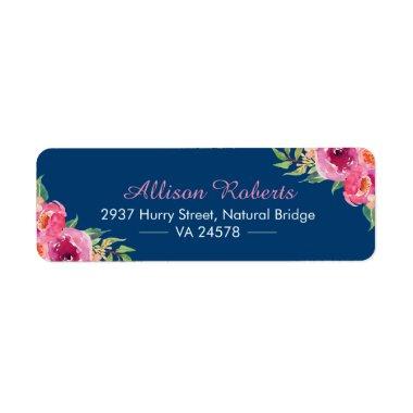 Modern Watercolor Purple Red Pink Floral Navy Blue Label