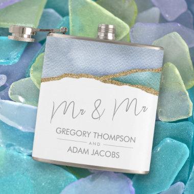 Modern Watercolor Teal Dusty Blue Mr Mr Wedding Flask