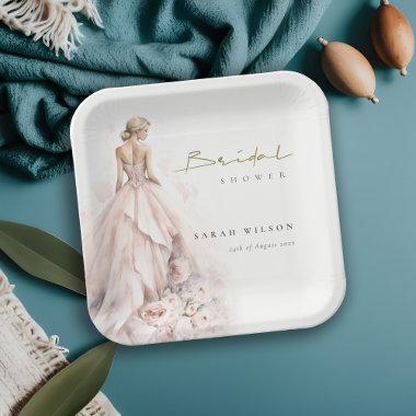 Modern Watercolor Wedding Gown Bridal Shower Paper Plates