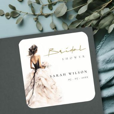 Modern Watercolor Wedding Gown Bridal Shower Square Sticker