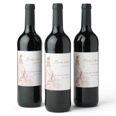 Modern Watercolor Wedding Gown  Wine Label