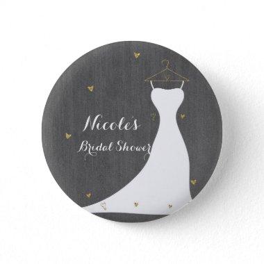 Modern Wedding Dress & Gold Hearts Bridal Shower Pinback Button