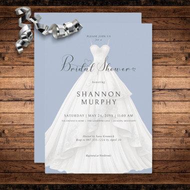 Modern Wedding Dress on Blue Bridal Shower Invitations